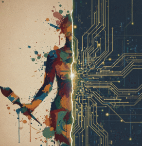 Contraste IA vs Humanidad: Silueta pintada (emoción) contra circuito digital (precisión)