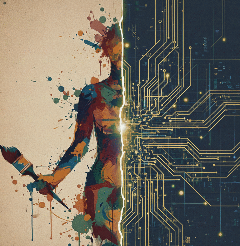 Contraste IA vs Humanidad: Silueta pintada (emoción) contra circuito digital (precisión)