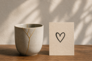 aza reparada con kintsugi junto a corazón símbolo de emociones y responsabilidad afectiva en relaciones