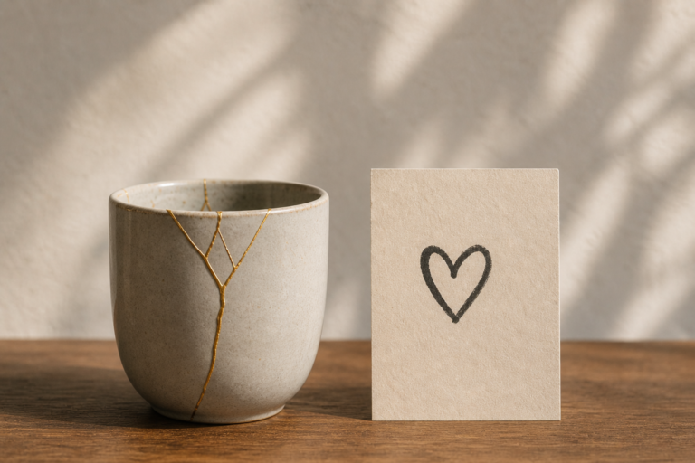 aza reparada con kintsugi junto a corazón símbolo de emociones y responsabilidad afectiva en relaciones
